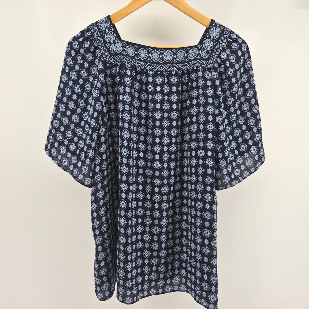 J. Jill Wearever Navy Blue Medallion Square Neck Blouse XL Travel Minimalist - Picture 9 of 11